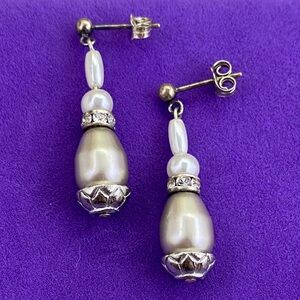 💛 Vintage Sterling Cream Faux Pearl Drop Earrings | Rhinestone Art Deco Style